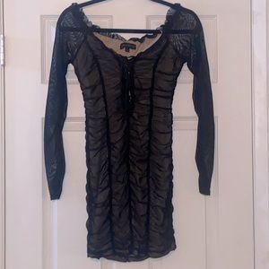 Black Mesh Long Sleeve Ruched Mini Dress